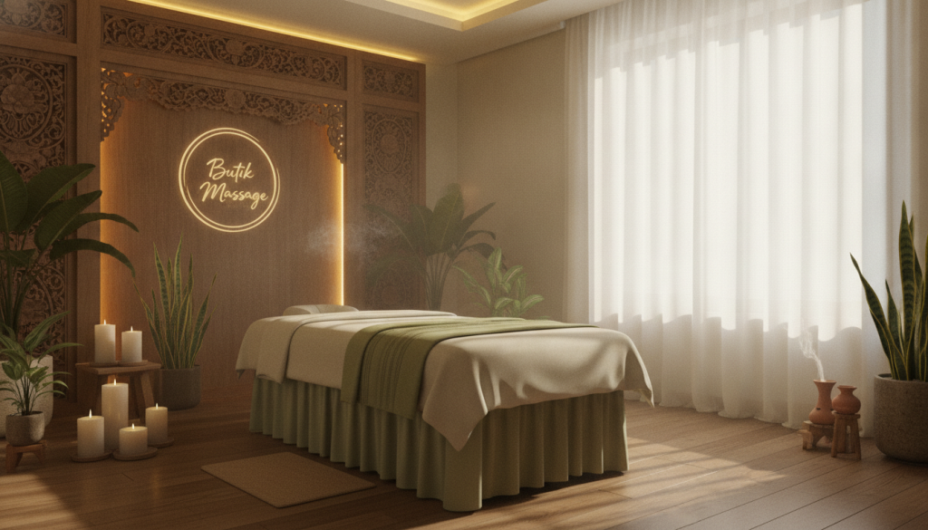 A serene Balinese massage treatment room ambiance, featuring a tranquil space adorned with natural elements. In the foreground, a comfortable massage table draped with soft bamboo linens and surrounded by lush, green indoor plants. The middle layer includes calming candles and essential oil diffusers placed strategically to enhance relaxation. In the background, softly illuminated by warm, ambient lighting, wooden accents and traditional Balinese carvings create a soothing atmosphere. Natural light filters through sheer curtains, casting gentle shadows. The air is infused with the smell of jasmine and sandalwood, evoking a sense of peace and wellness. Include the logo of "Butik Massage" subtly integrated within the decor. The overall mood should be inviting and peaceful, perfect for a rejuvenating experience. A serene Balinese massage treatment room ambiance, featuring a tranquil space adorned with natural elements. In the foreground, a comfortable massage table draped with soft bamboo linens and surrounded by lush, green indoor plants. The middle layer includes calming candles and essential oil diffusers placed strategically to enhance relaxation. In the background, softly illuminated by warm, ambient lighting, wooden accents and traditional Balinese carvings create a soothing atmosphere. Natural light filters through sheer curtains, casting gentle shadows. The air is infused with the smell of jasmine and sandalwood, evoking a sense of peace and wellness. Include the logo of "Butik Massage" subtly integrated within the decor. The overall mood should be inviting and peaceful, perfect for a rejuvenating experience.