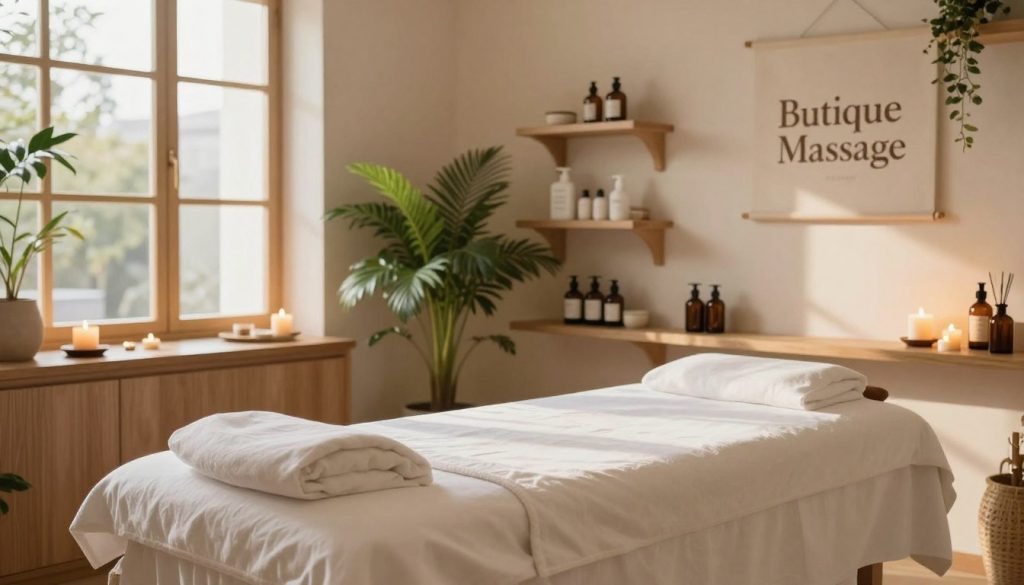 A serene Istanbul spa treatment room designed for relaxation massage services. In the foreground, a plush massage table with soft, white linens awaits, surrounded by calming candles and fragrant oils. The middle ground features elegant wooden shelves adorned with neatly arranged spa essentials, while an inviting, lush green plant adds a touch of nature. In the background, large windows let in warm, diffused sunlight, casting gentle shadows and creating a tranquil atmosphere. The room is softly illuminated, enhancing the soothing colors of light beige and cream that dominate the space. The brand name "Butique Massage" is subtly displayed on a tasteful wall hanging. Overall, the image exudes peace and luxury, ideal for a calming massage experience in Istanbul.