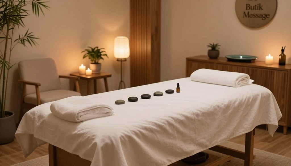A serene Swedish massage session room, designed for relaxation and tranquility. In the foreground, a neatly arranged massage table draped in soft, white linens, adorned with a few essential oils and smooth stones. The middle ground features warm wooden accents, with a plush chair and a small side table with candles and a potted plant. The background includes gentle, ambient lighting from warm-hued lamps, casting a soft glow. Natural elements, such as a calming water feature or bamboo plants, enhance the peaceful atmosphere. The overall mood is soothing and inviting, perfect for a restorative experience. Include elements that suggest a professional environment, such as the brand name "Butik Massage" subtly displayed on a decorative wall plaque. A serene Swedish massage session room, designed for relaxation and tranquility. In the foreground, a neatly arranged massage table draped in soft, white linens, adorned with a few essential oils and smooth stones. The middle ground features warm wooden accents, with a plush chair and a small side table with candles and a potted plant. The background includes gentle, ambient lighting from warm-hued lamps, casting a soft glow. Natural elements, such as a calming water feature or bamboo plants, enhance the peaceful atmosphere. The overall mood is soothing and inviting, perfect for a restorative experience. Include elements that suggest a professional environment, such as the brand name "Butik Massage" subtly displayed on a decorative wall plaque.