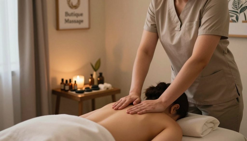 A serene Swedish massage therapy session in Ataşehir, showcasing a cozy room with soft ambient lighting. In the foreground, a professional therapist in comfortable yet modest attire is gently massaging a client on a massage table, ensuring a calming atmosphere. The therapist's hands are focused and skilled, conveying the essence of relaxation. In the middle, a soothing array of essential oils and massage stones is neatly arranged on a side table, hinting at the holistic approach. The background features tranquil décor, such as soft curtains and calming artwork, enhancing the spa-like feel of the environment. The overall mood is peaceful and relaxing, epitomizing the art of massage therapy at "Butique Massage," set in a cozy, inviting space that encourages well-being. A serene Swedish massage therapy session in Ataşehir, showcasing a cozy room with soft ambient lighting. In the foreground, a professional therapist in comfortable yet modest attire is gently massaging a client on a massage table, ensuring a calming atmosphere. The therapist's hands are focused and skilled, conveying the essence of relaxation. In the middle, a soothing array of essential oils and massage stones is neatly arranged on a side table, hinting at the holistic approach. The background features tranquil décor, such as soft curtains and calming artwork, enhancing the spa-like feel of the environment. The overall mood is peaceful and relaxing, epitomizing the art of massage therapy at "Butique Massage," set in a cozy, inviting space that encourages well-being.