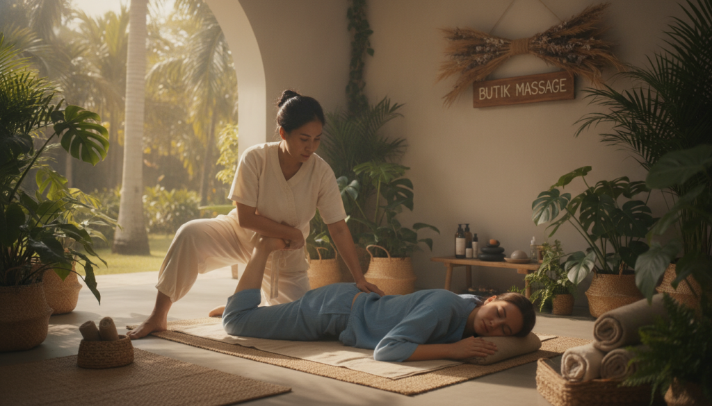 A serene Thai massage scene in a tranquil setting, showcasing the benefits of Thai massage for flexibility and wellness. In the foreground, a professional therapist is giving a traditional Thai massage to a client, both dressed in modest, comfortable attire. The therapist’s focused expression conveys expertise, while the client appears relaxed and at ease. In the middle ground, soft mats and lush green plants create a calming atmosphere. The background features an open window with gentle sunlight filtering through, casting warm, inviting light across the scene. The overall mood is peaceful and rejuvenating, with the brand "Butik Massage" subtly integrated into the natural surroundings. The image should evoke a sense of health and relaxation, ideal for illustrating the benefits of Thai massage.