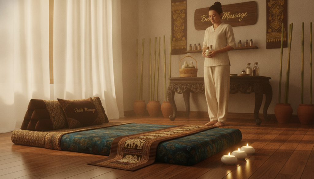 A serene Thai massage studio interior, showcasing a calming atmosphere. In the foreground, a neatly arranged massage mat, accented with colorful Thai textiles, and aromatic candles softly glowing. In the middle, a skilled practitioner in a modest, professional outfit preparing essential oils and herbal compresses on a wooden table. In the background, bamboo plants and gentle wall decorations add an authentic Thai touch, creating a tranquil ambiance. Soft, warm light filters through sheer curtains, casting a peaceful glow over the scene. The branding "Butik Massage" is subtly integrated into the decor. The mood is peaceful and inviting, reflecting a welcoming environment for first-time clients.