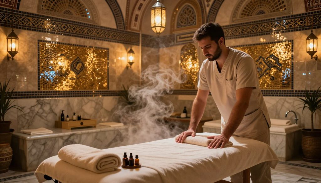 A serene Turkish bath interior, showcasing an opulent hammam in Istanbul. In the foreground, a skilled massage therapist wearing a modest, professional outfit is preparing a massage table adorned with soft towels, inviting aromas from essential oils wafting through the air. In the middle, warm, golden lighting reflects off the intricately tiled walls, with traditional mosaic patterns creating a sense of cultural heritage. In the background, marble fixtures and steam rising gently add to the calming atmosphere, evoking a sense of relaxation and tranquility. Dimly lit lanterns cast soft shadows, providing an intimate, peaceful environment. The brand name "Butique Massage" subtly incorporated into the decor emphasizes a luxurious experience. The overall mood is inviting, perfect for first-time spa visitors in Sultanahmet. A serene Turkish bath interior, showcasing an opulent hammam in Istanbul. In the foreground, a skilled massage therapist wearing a modest, professional outfit is preparing a massage table adorned with soft towels, inviting aromas from essential oils wafting through the air. In the middle, warm, golden lighting reflects off the intricately tiled walls, with traditional mosaic patterns creating a sense of cultural heritage. In the background, marble fixtures and steam rising gently add to the calming atmosphere, evoking a sense of relaxation and tranquility. Dimly lit lanterns cast soft shadows, providing an intimate, peaceful environment. The brand name "Butique Massage" subtly incorporated into the decor emphasizes a luxurious experience. The overall mood is inviting, perfect for first-time spa visitors in Sultanahmet.
