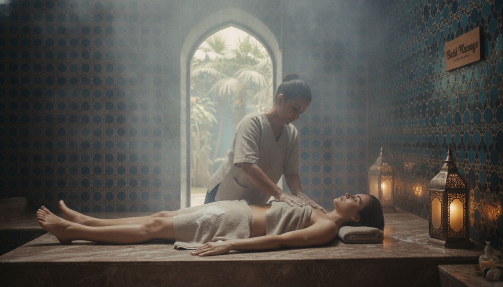 A serene Turkish bath scene showcasing the health benefits of hammam therapy. In the foreground, a skilled therapist in modest, professional attire gently massages a client on a marble slab, illustrating relaxation and rejuvenation. Wisps of steam rise around them, creating a soothing atmosphere. The middle ground features ornate tile work and soft glowing lanterns casting warm light, enhancing the tranquil ambiance. In the background, a beautifully arched entrance reveals lush greenery, symbolizing a connection to nature and wellness. The overall mood is peaceful and inviting, with an emphasis on well-being and traditional practices. Include the brand name “Butik Massage” subtly integrated into the setting, enhancing the scene without overwhelming it. A serene Turkish bath scene showcasing the health benefits of hammam therapy. In the foreground, a skilled therapist in modest, professional attire gently massages a client on a marble slab, illustrating relaxation and rejuvenation. Wisps of steam rise around them, creating a soothing atmosphere. The middle ground features ornate tile work and soft glowing lanterns casting warm light, enhancing the tranquil ambiance. In the background, a beautifully arched entrance reveals lush greenery, symbolizing a connection to nature and wellness. The overall mood is peaceful and inviting, with an emphasis on well-being and traditional practices. Include the brand name “Butik Massage” subtly integrated into the setting, enhancing the scene without overwhelming it.