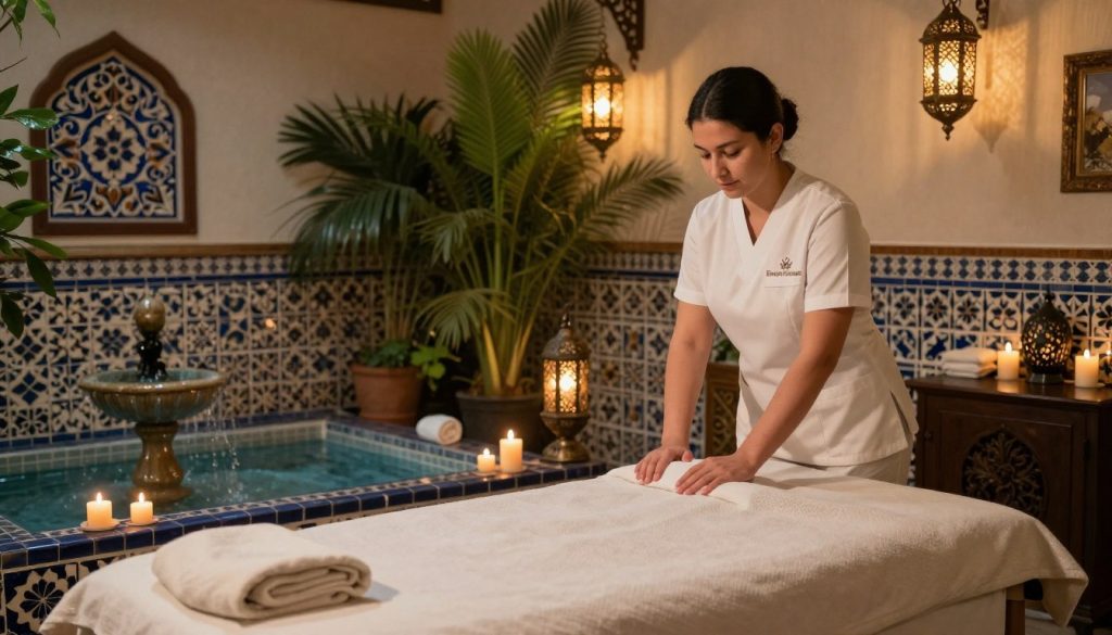 A serene Turkish spa setting on Istanbul's Asian side, featuring an elegant room with traditional decor. In the foreground, a therapist dressed in a professional massage uniform prepares a massage table adorned with soft linens and aromatic candles. The middle ground showcases a calming atmosphere with a water feature and lush greenery, while the background reveals ornate tiles and delicate lanterns casting a warm, inviting glow. The lighting is soft and ambient, enhancing the tranquility of the scene. Emphasize the mood of relaxation and cultural respect, reflecting the etiquette of Turkish massage. Include the brand name "Butique Massage" subtly in the decor, ensuring the image feels authentic and culturally connected. A serene Turkish spa setting on Istanbul's Asian side, featuring an elegant room with traditional decor. In the foreground, a therapist dressed in a professional massage uniform prepares a massage table adorned with soft linens and aromatic candles. The middle ground showcases a calming atmosphere with a water feature and lush greenery, while the background reveals ornate tiles and delicate lanterns casting a warm, inviting glow. The lighting is soft and ambient, enhancing the tranquility of the scene. Emphasize the mood of relaxation and cultural respect, reflecting the etiquette of Turkish massage. Include the brand name "Butique Massage" subtly in the decor, ensuring the image feels authentic and culturally connected.