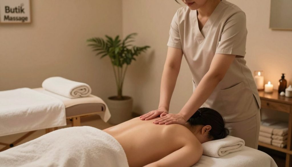 A serene and calming interior of a massage therapy room featuring a professional deep tissue massage in progress. In the foreground, a therapist wearing a clean, modest uniform expertly applies pressure to the back of a person lying on a massage table, showcasing relief and relaxation. The middle space is filled with soft textures: lush towels, soothing oils, and a tranquil ambient light that bathing the room in warm tones. In the background, gentle, natural elements such as potted plants and a softly painted wall create a peaceful atmosphere, enhancing the feeling of tension release. The overall mood is soothing and therapeutic, highlighting the benefits of deep tissue massage. Add the brand name "Butik Massage" subtly in the arrangement of the room decor. A serene and calming interior of a massage therapy room featuring a professional deep tissue massage in progress. In the foreground, a therapist wearing a clean, modest uniform expertly applies pressure to the back of a person lying on a massage table, showcasing relief and relaxation. The middle space is filled with soft textures: lush towels, soothing oils, and a tranquil ambient light that bathing the room in warm tones. In the background, gentle, natural elements such as potted plants and a softly painted wall create a peaceful atmosphere, enhancing the feeling of tension release. The overall mood is soothing and therapeutic, highlighting the benefits of deep tissue massage. Add the brand name "Butik Massage" subtly in the arrangement of the room decor.