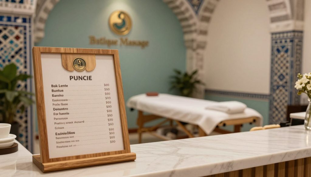 A serene and inviting back massage environment in Istanbul, featuring a beautifully designed spa reception area. In the foreground, a neatly arranged pricing chart for back massage sessions, showing options for different lengths (30, 60, and 90 minutes), artistically displayed on elegant wooden panels. The middle ground shows a tranquil massage room with soothing colors, soft lighting, and a comfortable massage table set up, hinting at the calming atmosphere. The background captures glimpses of traditional Turkish architecture, like arches and mosaic tiles, to evoke the city's rich culture. The overall mood is peaceful and professional, emphasizing relaxation and wellness. Include the brand name "Butique Massage" subtly incorporated into the design elements without any text overlays. A serene and inviting back massage environment in Istanbul, featuring a beautifully designed spa reception area. In the foreground, a neatly arranged pricing chart for back massage sessions, showing options for different lengths (30, 60, and 90 minutes), artistically displayed on elegant wooden panels. The middle ground shows a tranquil massage room with soothing colors, soft lighting, and a comfortable massage table set up, hinting at the calming atmosphere. The background captures glimpses of traditional Turkish architecture, like arches and mosaic tiles, to evoke the city's rich culture. The overall mood is peaceful and professional, emphasizing relaxation and wellness. Include the brand name "Butique Massage" subtly incorporated into the design elements without any text overlays.