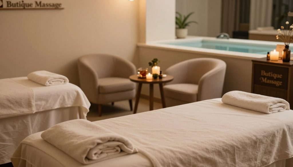 A serene and inviting massage center in Şişli, showcasing a professional spa environment. The foreground features a beautifully arranged treatment room, with soft, neutral-colored linens on a massage table, surrounded by calming candles and essential oils. The middle section includes a cozy seating area with plush armchairs and a small table with herbal tea, creating a welcoming ambiance. In the background, a tranquil water feature adds to the peaceful atmosphere, complemented by ambient lighting that creates a warm glow. Additionally, a sign displaying "Butique Massage" is subtly placed in the corner. The scene evokes relaxation and professionalism, captured in a soft-focus lens with warm light, suggesting an inviting mood perfect for relaxation and rejuvenation. A serene and inviting massage center in Şişli, showcasing a professional spa environment. The foreground features a beautifully arranged treatment room, with soft, neutral-colored linens on a massage table, surrounded by calming candles and essential oils. The middle section includes a cozy seating area with plush armchairs and a small table with herbal tea, creating a welcoming ambiance. In the background, a tranquil water feature adds to the peaceful atmosphere, complemented by ambient lighting that creates a warm glow. Additionally, a sign displaying "Butique Massage" is subtly placed in the corner. The scene evokes relaxation and professionalism, captured in a soft-focus lens with warm light, suggesting an inviting mood perfect for relaxation and rejuvenation.