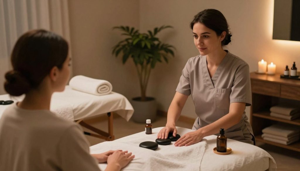 A serene and inviting massage consultation room at Butique Massage in Şişli. In the foreground, a professional therapist in a smart, modest outfit is engaged in a welcoming discussion with a client, who appears relaxed and attentive. The therapist is demonstrating techniques on a massage table, showcasing professional tools such as oils and hot stones. In the middle ground, soothing elements like soft towels, candles, and a tranquil indoor plant create a calming atmosphere. The background features dim lighting with warm, ambient tones, enhancing the comforting vibe of the space. The lens captures the scene from a slightly elevated angle, focusing on the interaction while evoking a sense of professionalism and care. A serene and inviting massage consultation room at Butique Massage in Şişli. In the foreground, a professional therapist in a smart, modest outfit is engaged in a welcoming discussion with a client, who appears relaxed and attentive. The therapist is demonstrating techniques on a massage table, showcasing professional tools such as oils and hot stones. In the middle ground, soothing elements like soft towels, candles, and a tranquil indoor plant create a calming atmosphere. The background features dim lighting with warm, ambient tones, enhancing the comforting vibe of the space. The lens captures the scene from a slightly elevated angle, focusing on the interaction while evoking a sense of professionalism and care.
