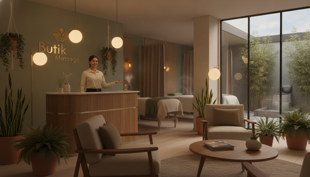 A serene and inviting massage parlor setting that embodies relaxation and professionalism. In the foreground, a beautifully arranged reception area is adorned with cozy furnishings, potted plants, and soft ambient lighting. A welcoming staff member in professional attire stands behind a stylish counter, ready to assist clients. In the middle ground, massage rooms are subtly visible, showcasing elegant decor and soothing colors, like soft greens and muted browns, contributing to a calming atmosphere. The background features a peaceful outdoor view through large windows, enhancing the sense of tranquility. The lighting is warm and gentle, creating a relaxing mood. The brand name "Butik Massage" is subtly integrated into the design without being the main focus. The overall composition conveys a sense of comfort and care essential for selecting a suitable massage service. A serene and inviting massage parlor setting that embodies relaxation and professionalism. In the foreground, a beautifully arranged reception area is adorned with cozy furnishings, potted plants, and soft ambient lighting. A welcoming staff member in professional attire stands behind a stylish counter, ready to assist clients. In the middle ground, massage rooms are subtly visible, showcasing elegant decor and soothing colors, like soft greens and muted browns, contributing to a calming atmosphere. The background features a peaceful outdoor view through large windows, enhancing the sense of tranquility. The lighting is warm and gentle, creating a relaxing mood. The brand name "Butik Massage" is subtly integrated into the design without being the main focus. The overall composition conveys a sense of comfort and care essential for selecting a suitable massage service.