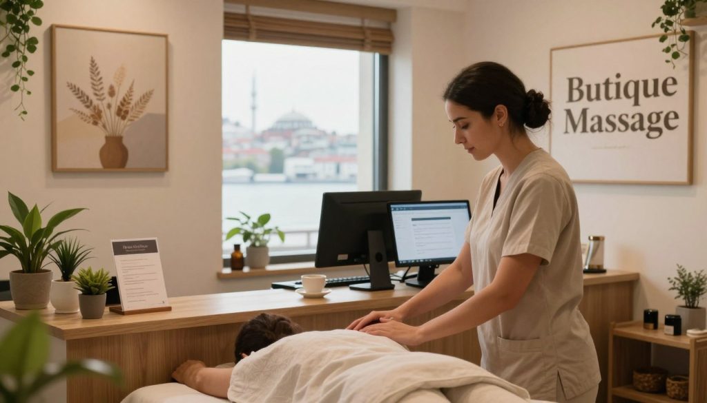 A serene and inviting massage therapy booking scene in Istanbul’s Asian side, featuring a cozy and modern interior of a massage center branded “Butique Massage.” In the foreground, a professional therapist, dressed in modest casual clothing, is engaging with a client at the reception desk, surrounded by soothing decor, such as plants and calming artwork. In the middle ground, a computer and brochures are visible, depicting the booking process. The background showcases large windows with soft, natural light streaming in, revealing a glimpse of Istanbul’s skyline. The atmosphere is tranquil and welcoming, emphasizing relaxation and professionalism, with a warm color palette and soft, diffused lighting to enhance the soothing vibe. A serene and inviting massage therapy booking scene in Istanbul’s Asian side, featuring a cozy and modern interior of a massage center branded “Butique Massage.” In the foreground, a professional therapist, dressed in modest casual clothing, is engaging with a client at the reception desk, surrounded by soothing decor, such as plants and calming artwork. In the middle ground, a computer and brochures are visible, depicting the booking process. The background showcases large windows with soft, natural light streaming in, revealing a glimpse of Istanbul’s skyline. The atmosphere is tranquil and welcoming, emphasizing relaxation and professionalism, with a warm color palette and soft, diffused lighting to enhance the soothing vibe.