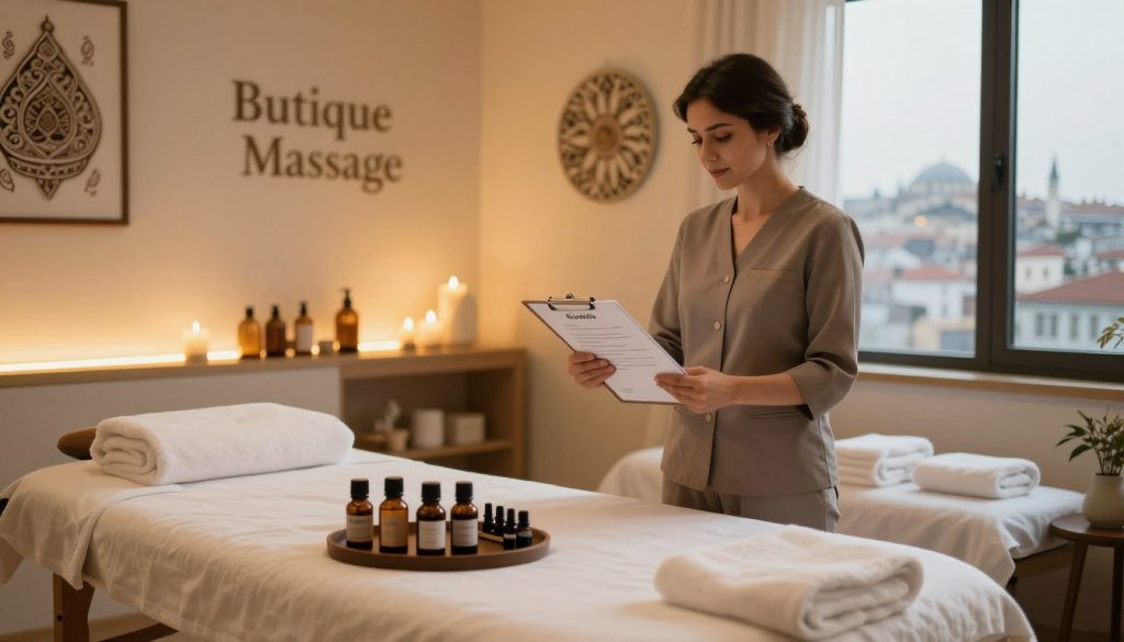 A serene and inviting massage therapy room in Istanbul, depicting a space designed for relaxation. In the foreground, a well-organized table with neatly arranged essential oils and towels, emphasizing professionalism. The middle ground showcases a massage therapist, a woman dressed in modest business attire, demonstrating a welcoming and serene demeanor as she reviews client testimonials on a clipboard. In the background, softly lit ambient lights create a calming atmosphere, with tasteful decor inspired by traditional Turkish motifs. The soft golden lighting enhances the soothing mood, while a large window reveals glimpses of Istanbul's skyline, suggesting a touch of the city’s vibrant culture. The brand name "Butique Massage" is subtly integrated into the room's aesthetic. A serene and inviting massage therapy room in Istanbul, depicting a space designed for relaxation. In the foreground, a well-organized table with neatly arranged essential oils and towels, emphasizing professionalism. The middle ground showcases a massage therapist, a woman dressed in modest business attire, demonstrating a welcoming and serene demeanor as she reviews client testimonials on a clipboard. In the background, softly lit ambient lights create a calming atmosphere, with tasteful decor inspired by traditional Turkish motifs. The soft golden lighting enhances the soothing mood, while a large window reveals glimpses of Istanbul's skyline, suggesting a touch of the city’s vibrant culture. The brand name "Butique Massage" is subtly integrated into the room's aesthetic.