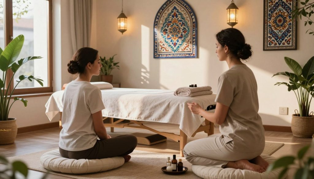 A serene and inviting massage therapy room in Istanbul, designed to communicate preferences and needs. In the foreground, a professional masseuse in modest clothing consults with a client, both seated on comfortable cushions. The middle layer features a beautifully arranged massage table with soft towels and aromatic oils, symbolizing relaxation. The background showcases traditional Turkish decor, including ornate mosaics and soft lighting, creating a tranquil atmosphere. Sunlight filters through large windows, casting warm and gentle shadows. Lush plants add an organic touch, enhancing the soothing environment. The brand “Butique Massage” is subtly incorporated into the decor. The overall mood is calm and inviting, emphasizing open communication about massage preferences in a culturally rich setting.