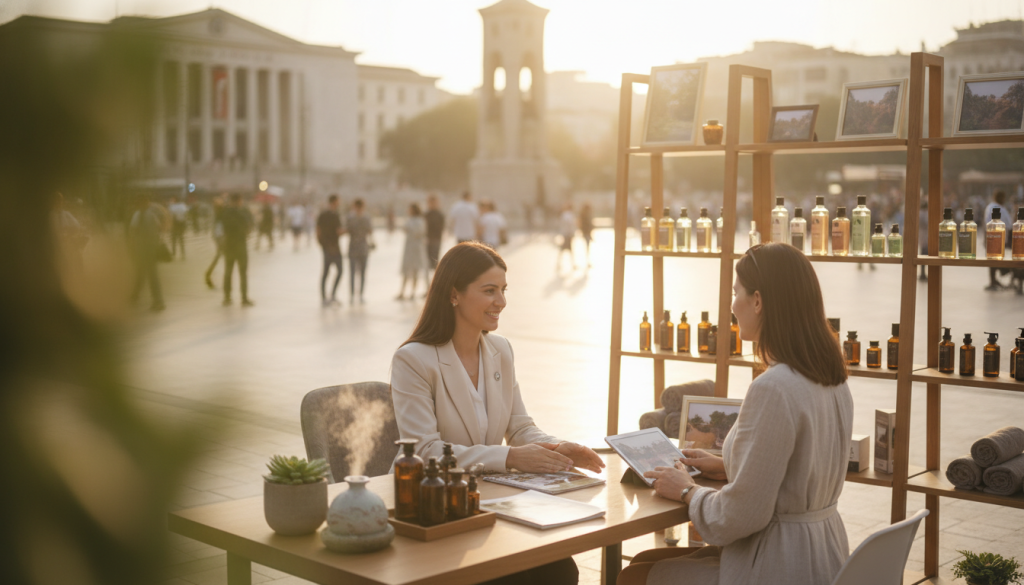 A serene and inviting scene at Taksim Square, focused on a traditional massage booking consultation. In the foreground, a professional consultant, dressed in a smart casual attire, sits at a desk adorned with calming decor, including plants and aromatherapy oils, engaging with a customer interested in massage services from "Butik Massage." In the middle ground, shelves display various massage oils and brochures. The background showcases the vibrant atmosphere of Taksim Square, with blurred silhouettes of people and iconic landmarks gently illuminated by warm, golden hour sunlight. Capture this in a soft focus, with a slightly elevated angle, evoking a peaceful and welcoming mood, perfect for those seeking relaxation and wellness options. A serene and inviting scene at Taksim Square, focused on a traditional massage booking consultation. In the foreground, a professional consultant, dressed in a smart casual attire, sits at a desk adorned with calming decor, including plants and aromatherapy oils, engaging with a customer interested in massage services from "Butik Massage." In the middle ground, shelves display various massage oils and brochures. The background showcases the vibrant atmosphere of Taksim Square, with blurred silhouettes of people and iconic landmarks gently illuminated by warm, golden hour sunlight. Capture this in a soft focus, with a slightly elevated angle, evoking a peaceful and welcoming mood, perfect for those seeking relaxation and wellness options.
