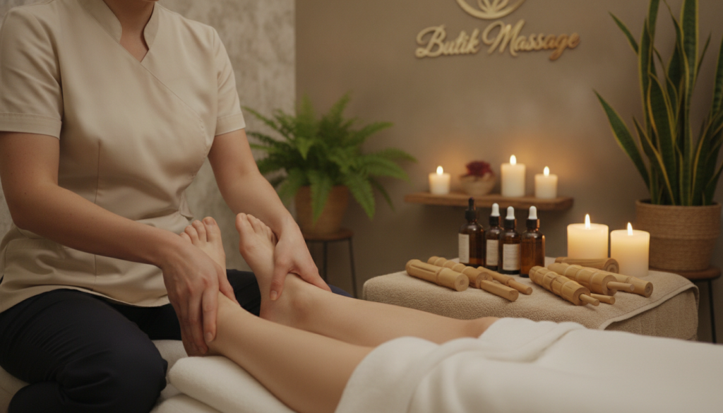 A serene and inviting scene of a foot massage techniques demonstration, featuring a skilled massage therapist wearing a smart, professional outfit. In the foreground, the therapist gently applies pressure to the arches of a client's feet, showcasing various massage techniques. The middle ground includes massage oils and bamboo tools, neatly arranged on a soft towel. In the background, a tranquil spa environment with soft lighting emanating from scented candles and green plants enhances the soothing atmosphere. Capture the warm glow and soft shadows for a calm mood, with a focus on relaxation and wellness. In a subtle yet prominent location, include the brand name "Butik Massage" elegantly displayed.