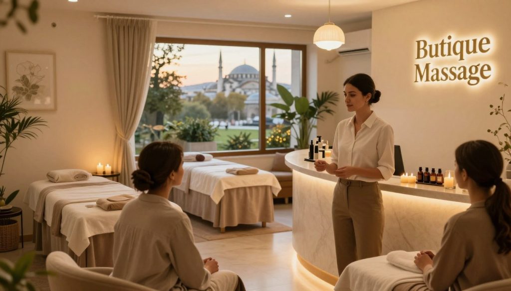 A serene and inviting spa interior of "Butique Massage" wellness center in Istanbul, featuring a tranquil atmosphere with soft ambient lighting. In the foreground, a well-dressed receptionist welcomes clients, conveying professionalism and warmth in modest casual attire. The middle ground showcases luxurious spa treatment rooms, adorned with plush furnishings, candles, and essential oils, creating a sense of relaxation. In the background, large windows reveal glimpses of Istanbul's historic architecture and lush greenery outside, enhancing the overall calming vibe. The lighting is golden and soft, reminiscent of golden hour, while the lens captures the scene from a slightly elevated angle, inviting viewers to experience the elegant ambiance of a wellness retreat. The mood reflects comfort and serenity, ideal for relaxation and rejuvenation.