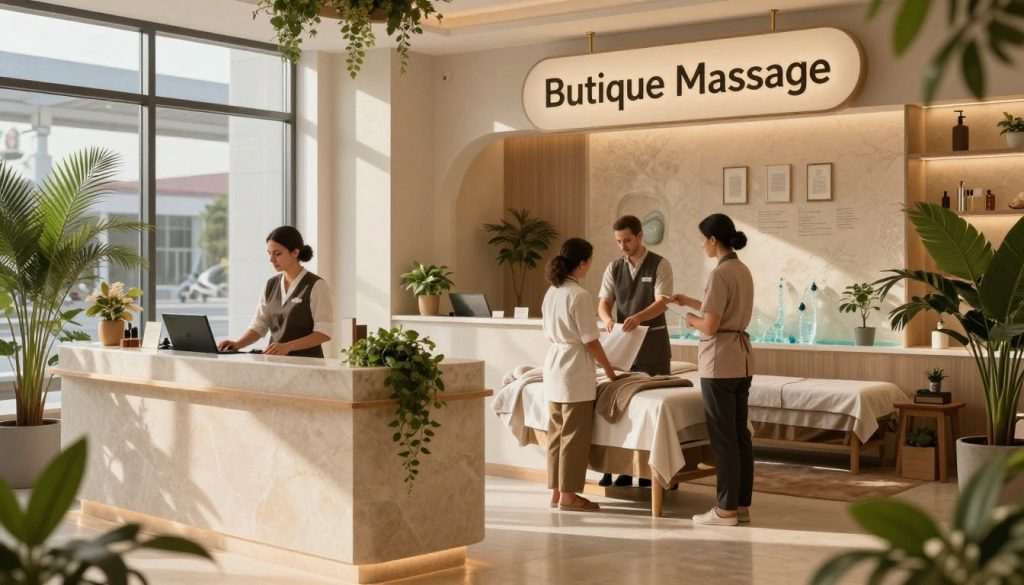 A serene and inviting spa location guide within Istanbul Airport, showcasing the luxurious offerings of "Butique Massage." In the foreground, an elegantly designed reception area with calming natural elements like soft green plants and smooth stone accents. In the middle ground, professional staff in modest, professional attire welcoming guests, creating a warm and relaxing atmosphere. The background features tasteful decor, including soothing water features and soft lighting that enhances the tranquil ambiance. The scene captures the essence of relaxation, with gentle sunlight filtering through the large glass windows, casting a warm glow. The composition is framed to highlight the inviting and sophisticated nature of the spa, encouraging travelers to unwind after a long flight.