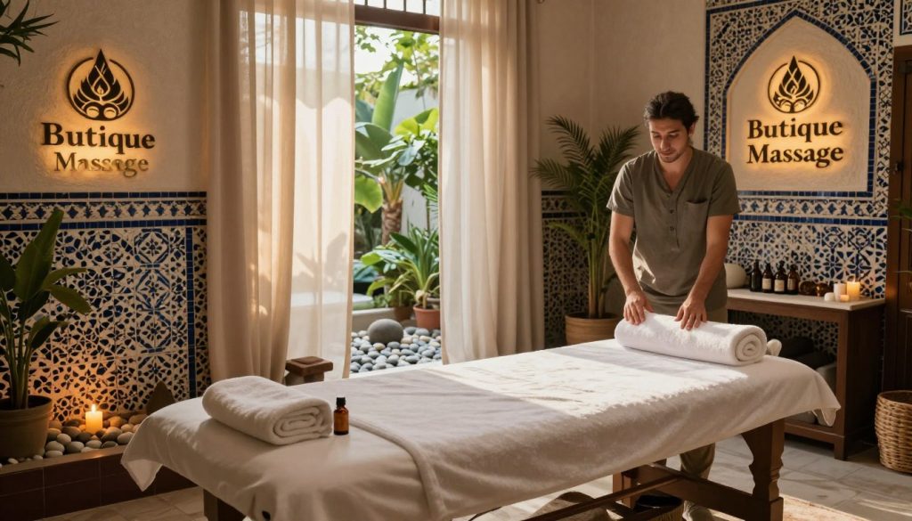 A serene and inviting spa room in Istanbul, featuring traditional Turkish decor with intricate mosaic tiles and soft, ambient lighting. In the foreground, a neatly arranged massage table with clean towels and essential oils set beside it. A tranquil zen garden with pebbles and candles can be seen in the middle ground. The background reveals softly draped curtains filtering warm sunlight, with a glimpse of lush greenery outside. A professional therapist, dressed in modest casual attire, prepares the space, exuding a calming presence. The atmosphere is peaceful and rejuvenating, emphasizing relaxation and rejuvenation. Prominently display the logo "Butique Massage" on an elegant sign at the entrance of the room. The image should evoke a sense of anticipation and comfort.