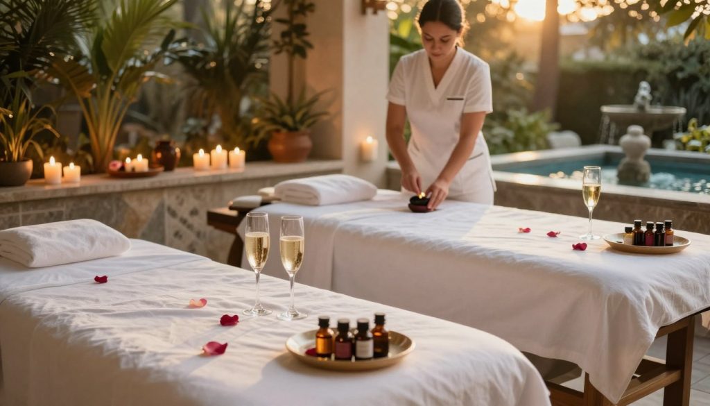 A serene and inviting spa setting for couples in Istanbul, showcasing "Butique Massage" promotional packages. In the foreground, two massage tables adorned with soft white linens and delicate rose petals. A pair of chilled champagne flutes and a small tray with essential oils sits nearby. In the middle ground, skilled therapists wearing professional attire prepare soothing massage oils, while candles flicker softly on a stone shelf, casting a warm glow. The background features lush greenery and tranquil water features, enhancing the peaceful ambiance. Golden hour lighting bathes the scene, creating a romantic atmosphere. The angle captures the intimate setting, inviting viewers to experience a luxurious couples retreat designed for relaxation and connection.