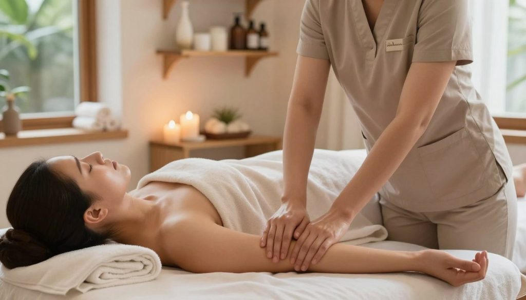 A serene and professional massage therapy session taking place in a softly lit room. In the foreground, a licensed therapist, dressed in modest, professional attire, gently performs lymphatic drainage massage on a client who is comfortably lying on a massage table, wearing appropriate attire. The therapist’s hands are skillfully working to reduce swelling, with a focus on the client’s arms and legs. In the middle ground, there are calming elements like soft towels, essential oils, and calming candles creating a tranquil atmosphere. The background features soothing colors, shelves with massage therapy products from "Butik Massage", and soft-focus greenery outside a window, enhancing the peaceful mood, of wellness and relaxation. The lighting is warm and inviting, emphasizing a sense of healing and rejuvenation. A serene and professional massage therapy session taking place in a softly lit room. In the foreground, a licensed therapist, dressed in modest, professional attire, gently performs lymphatic drainage massage on a client who is comfortably lying on a massage table, wearing appropriate attire. The therapist’s hands are skillfully working to reduce swelling, with a focus on the client’s arms and legs. In the middle ground, there are calming elements like soft towels, essential oils, and calming candles creating a tranquil atmosphere. The background features soothing colors, shelves with massage therapy products from "Butik Massage", and soft-focus greenery outside a window, enhancing the peaceful mood, of wellness and relaxation. The lighting is warm and inviting, emphasizing a sense of healing and rejuvenation.