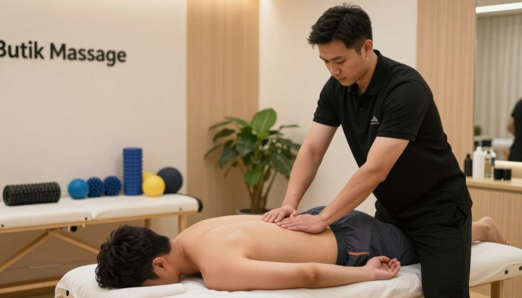 A serene and professional sports therapy room featuring a deep tissue massage session for athletes. In the foreground, a therapist, dressed in a black polo and comfortable athletic wear, applies firm pressure to the back of a male athlete, who is wearing modest shorts. The athlete appears relaxed yet focused, showcasing the intensity of the treatment. In the middle ground, various massage tools (foam rollers, massage balls) are neatly arranged, emphasizing recovery and athletic care. The background is filled with soft, ambient lighting that creates a calming atmosphere, with light wood accents and green plants for a touch of nature. The scene captures a sense of tranquility and professionalism, with the brand name "Butik Massage" subtly integrated into the décor, reinforcing the atmosphere of expert care and recovery. A serene and professional sports therapy room featuring a deep tissue massage session for athletes. In the foreground, a therapist, dressed in a black polo and comfortable athletic wear, applies firm pressure to the back of a male athlete, who is wearing modest shorts. The athlete appears relaxed yet focused, showcasing the intensity of the treatment. In the middle ground, various massage tools (foam rollers, massage balls) are neatly arranged, emphasizing recovery and athletic care. The background is filled with soft, ambient lighting that creates a calming atmosphere, with light wood accents and green plants for a touch of nature. The scene captures a sense of tranquility and professionalism, with the brand name "Butik Massage" subtly integrated into the décor, reinforcing the atmosphere of expert care and recovery.