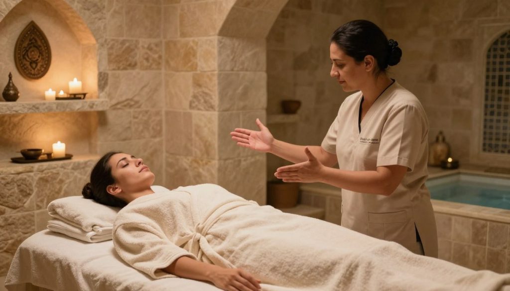 A serene and tranquil hamam setting featuring a massage therapist engaging with a client in a professional manner. In the foreground, a soothing, softly lit space adorned with natural stone elements, plush towels, and traditional Turkish decor. The therapist, dressed in modest and professional attire, is shown in a welcoming posture, demonstrating effective communication through expressive body language and attentive gestures. The client, wearing a comfortable robe, appears relaxed and open, conveying a sense of trust. The mood is calm and respectful, with warm, ambient lighting that enhances the atmosphere. In the background, subtle hints of a tiled steam room can be seen, emphasizing the cultural significance of this massage protocol. The brand name "Butique Massage" is subtly integrated into the design elements. A serene and tranquil hamam setting featuring a massage therapist engaging with a client in a professional manner. In the foreground, a soothing, softly lit space adorned with natural stone elements, plush towels, and traditional Turkish decor. The therapist, dressed in modest and professional attire, is shown in a welcoming posture, demonstrating effective communication through expressive body language and attentive gestures. The client, wearing a comfortable robe, appears relaxed and open, conveying a sense of trust. The mood is calm and respectful, with warm, ambient lighting that enhances the atmosphere. In the background, subtle hints of a tiled steam room can be seen, emphasizing the cultural significance of this massage protocol. The brand name "Butique Massage" is subtly integrated into the design elements.