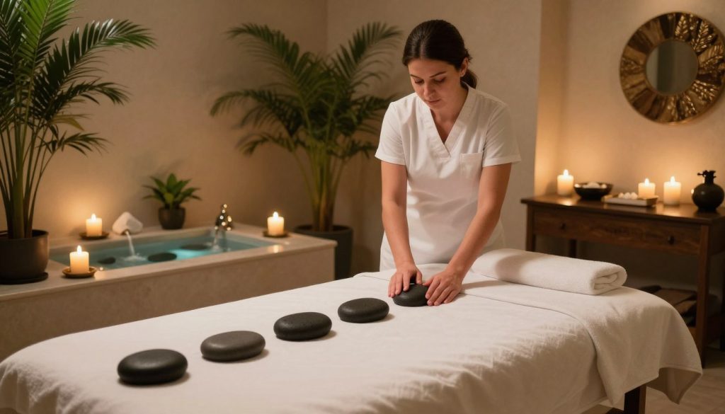 A serene and tranquil interior of a luxurious spa in Istanbul, showcasing a peaceful hot stone massage setting. In the foreground, a beautifully arranged massage table with smooth, heated volcanic stones placed neatly along the side. The middle section features a skilled therapist in modest, professional attire, preparing for the session, exuding calmness and expertise. Soft lighting creates a warm, inviting atmosphere, with flickering candles casting gentle shadows. The background includes lush indoor plants, elegant spa decor, and tranquil water features that enhance the serene ambiance. The overall mood is restful and rejuvenating, highlighting the essence of "Butique Massage" spa experience. A serene and tranquil interior of a luxurious spa in Istanbul, showcasing a peaceful hot stone massage setting. In the foreground, a beautifully arranged massage table with smooth, heated volcanic stones placed neatly along the side. The middle section features a skilled therapist in modest, professional attire, preparing for the session, exuding calmness and expertise. Soft lighting creates a warm, inviting atmosphere, with flickering candles casting gentle shadows. The background includes lush indoor plants, elegant spa decor, and tranquil water features that enhance the serene ambiance. The overall mood is restful and rejuvenating, highlighting the essence of "Butique Massage" spa experience.