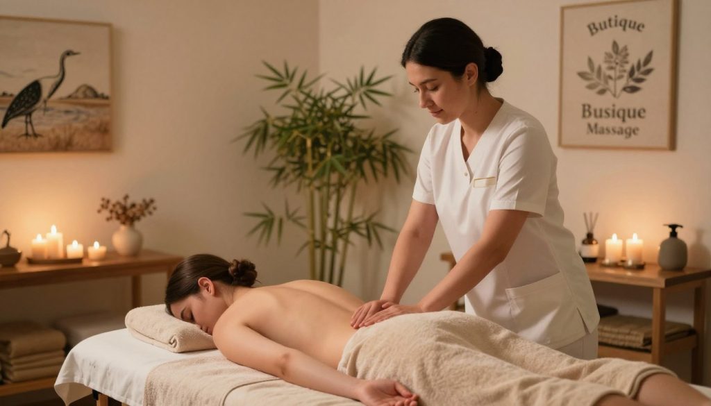 A serene and tranquil spa environment portraying a Swedish massage therapy session at "Butique Massage" in Kadıköy. In the foreground, a therapist in professional attire gently massages a client lying on a massage table, surrounded by soft, plush towels and calming aromatherapy candles. In the middle, the softly lit room features bamboo plants and natural wood accents, creating a warm atmosphere. The background showcases soothing wall art and a softly glowing light fixture, enhancing the relaxation vibe. Capture the scene with a warm color palette and soft focus, evoking a serene and peaceful experience. The mood should convey relaxation, tranquility, and well-being, inviting viewers to appreciate the benefits of massage therapy. A serene and tranquil spa environment portraying a Swedish massage therapy session at "Butique Massage" in Kadıköy. In the foreground, a therapist in professional attire gently massages a client lying on a massage table, surrounded by soft, plush towels and calming aromatherapy candles. In the middle, the softly lit room features bamboo plants and natural wood accents, creating a warm atmosphere. The background showcases soothing wall art and a softly glowing light fixture, enhancing the relaxation vibe. Capture the scene with a warm color palette and soft focus, evoking a serene and peaceful experience. The mood should convey relaxation, tranquility, and well-being, inviting viewers to appreciate the benefits of massage therapy.