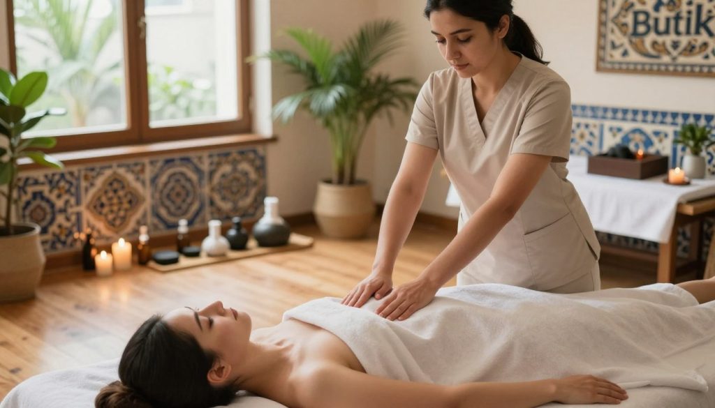 A serene and tranquil spa environment showcasing the benefits of Turkish wellness massage. In the foreground, a professional masseuse in modest, professional attire gently performs a massage on a client, who appears relaxed and rejuvenated. In the middle, essential oils, massage stones, and aromatic candles add to the calming atmosphere. Soft, natural light filters through large windows, illuminating the warm wooden floors and plush towels. The background features ornate Turkish tiles and lush greenery, enhancing the cultural essence of the setting. The mood is peaceful and restorative, inviting viewers to experience the soothing advantages of Turkish massage at "Butik Massage." The focus is on relaxation, well-being, and holistic care.