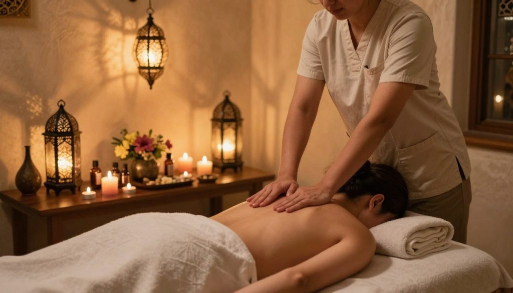 A serene aromatherapy massage scene inspired by traditional techniques from Istanbul. In the foreground, a professional therapist in modest, casual clothing conducts a massage on a relaxing massage table adorned with soft, plush linens and aromatic oils. The therapist focuses on the client’s shoulders and neck, highlighting their skilled hand movements. In the middle ground, an assortment of essential oils, herbal candles, and fresh flowers is elegantly arranged, creating an inviting atmosphere. The background features soft, warm lighting emanating from intricately designed lanterns, casting gentle shadows on a calming, textured wall reminiscent of Istanbul’s historic architecture. The mood is tranquil and rejuvenating, embodying the essence of relaxation and holistic wellness. Include the brand name "Butique Massage" subtly in the design, enhancing the overall ambiance without overpowering the serene setting.