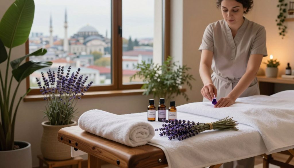 A serene aromatherapy massage setting in Istanbul, featuring an elegant spa room. In the foreground, a wooden massage table adorned with plush white towels, surrounded by delicate lavender sprigs and aromatic essential oil bottles labeled "Butique Massage". The middle ground showcases a skilled therapist, dressed in modest professional attire, gently blending oils and preparing for the treatment. Soft, warm lighting casts a calming glow, highlighting the lush greenery and violet hues of lavender near the table. In the background, a large window reveals the beautiful Istanbul skyline, with hints of traditional architecture. The atmosphere is tranquil and inviting, evoking a relaxing ambiance that emphasizes the essence of lavender in the massage experience. A serene aromatherapy massage setting in Istanbul, featuring an elegant spa room. In the foreground, a wooden massage table adorned with plush white towels, surrounded by delicate lavender sprigs and aromatic essential oil bottles labeled "Butique Massage". The middle ground showcases a skilled therapist, dressed in modest professional attire, gently blending oils and preparing for the treatment. Soft, warm lighting casts a calming glow, highlighting the lush greenery and violet hues of lavender near the table. In the background, a large window reveals the beautiful Istanbul skyline, with hints of traditional architecture. The atmosphere is tranquil and inviting, evoking a relaxing ambiance that emphasizes the essence of lavender in the massage experience.