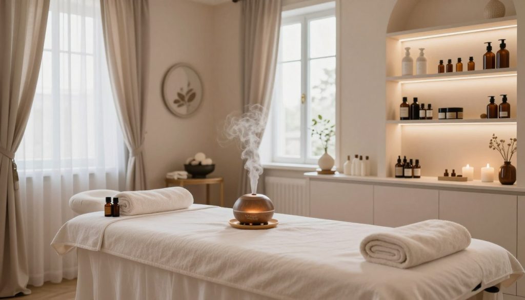 A serene aromatherapy massage treatment room in Nisantasi, featuring calming colors like soft beige and muted pastels. The foreground includes an elegantly arranged massage table with fresh towels and essential oils displayed nearby. Gentle steam rises from an essential oil diffuser, creating a soothing ambiance. The middle section has elegantly decorated shelves filled with various massage oils and wellness products. In the background, large windows allow natural light to filter in, highlighting the delicate curtains swaying gently. The atmosphere is tranquil, inviting relaxation and well-being. The brand name "Butique Massage" is subtly integrated into the decor without being obtrusive. The overall mood combines luxury and comfort, emphasizing a peaceful retreat for massage therapy. Use soft, diffused lighting to enhance the calming effect. Optimize the composition with a wide-angle perspective to convey the spaciousness of the room. A serene aromatherapy massage treatment room in Nisantasi, featuring calming colors like soft beige and muted pastels. The foreground includes an elegantly arranged massage table with fresh towels and essential oils displayed nearby. Gentle steam rises from an essential oil diffuser, creating a soothing ambiance. The middle section has elegantly decorated shelves filled with various massage oils and wellness products. In the background, large windows allow natural light to filter in, highlighting the delicate curtains swaying gently. The atmosphere is tranquil, inviting relaxation and well-being. The brand name "Butique Massage" is subtly integrated into the decor without being obtrusive. The overall mood combines luxury and comfort, emphasizing a peaceful retreat for massage therapy. Use soft, diffused lighting to enhance the calming effect. Optimize the composition with a wide-angle perspective to convey the spaciousness of the room.