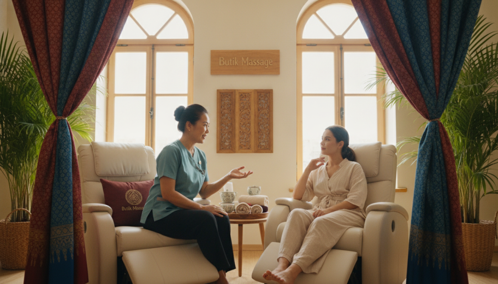 A serene consultation scene in a well-lit Thai massage studio. In the foreground, a professional Thai massage provider, a middle-aged woman in modest, professional attire, is attentively speaking with a relaxed client seated on a comfortable massage chair. The provider has a warm, welcoming smile, conveying professionalism and empathy. In the middle, vibrant decor reflecting Thai culture, such as soft fabric drapes and traditional plants, creates an inviting atmosphere. The background features soft, calming lighting with light wood accents. Capture the moment with a slightly wide angle to include the ambiance while focusing on the engaging interaction. The mood is calming and informative, ideal for conveying trust and professionalism. The brand name "Butik Massage" is subtly represented in the decor, enhancing the overall theme.