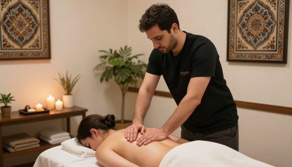 A serene deep tissue massage scene in a high-end wellness studio in Istanbul, Turkey. In the foreground, a professional therapist, wearing a simple black T-shirt and comfortable pants, applies pressure to a client's back using traditional techniques, highlighting the deep tissue aspect of sports massage. The middle ground showcases soothing elements like scented candles and botanical plants, adding to the calming atmosphere. In the background, a wall featuring decorative Turkish art creates a cultural touch. Warm, soft lighting illuminates the space, enhancing the massage’s tranquil essence. The overall ambiance conveys relaxation and professionalism, embodying the essence of “Butique Massage.” The image captures the harmony between the therapist’s skilled hands and the serene environment, inviting viewers to explore sports massage techniques.