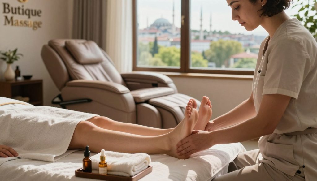 A serene foot therapy session in a beautifully decorated room at "Butique Massage" in Istanbul. In the foreground, a professional therapist in modest casual clothing gently massages a client's feet, showcasing soothing techniques. The client's face reflects relaxation and bliss. In the middle, soft towels and aromatic oils are neatly arranged, while a comfortable massage chair is visible, inviting and cozy. In the background, large windows reveal a view of Istanbul's skyline and lush greenery, bathed in warm, natural light. The atmosphere conveys tranquility and wellness, with soft colors and gentle shadows enhancing the peaceful mood. The scene captures the essence of a rejuvenating foot massage, perfect for weary travelers seeking comfort after a day of sightseeing.