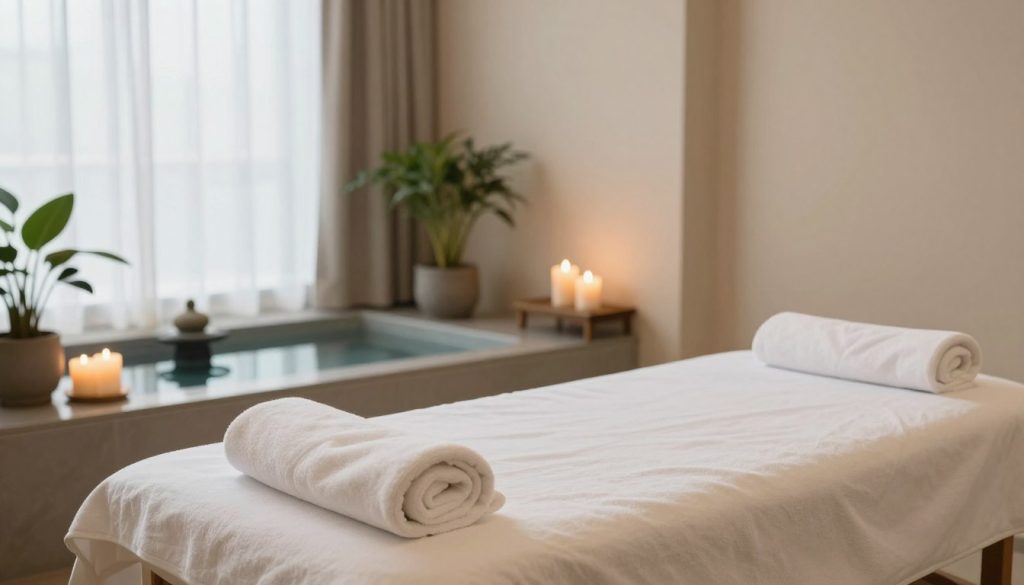 A serene full-body massage spa environment at Butik Massage, showcasing cleanliness and tranquility. In the foreground, a plush massage table is set in a softly lit room, adorned with fresh, fluffy towels and aromatic candles emitting a gentle glow. The middle ground features a peaceful water feature, surrounded by potted plants that add a touch of nature, enhancing the relaxing atmosphere. In the background, soft, muted colors grace the walls, complemented by minimalistic decor that emphasizes simplicity and calm. Natural light filters through sheer curtains, casting a warm ambiance. The overall mood is inviting and rejuvenating, perfect for a stress-relieving experience. The image conveys immaculate cleanliness, highlighting the importance of spa amenities and environment. A serene full-body massage spa environment at Butik Massage, showcasing cleanliness and tranquility. In the foreground, a plush massage table is set in a softly lit room, adorned with fresh, fluffy towels and aromatic candles emitting a gentle glow. The middle ground features a peaceful water feature, surrounded by potted plants that add a touch of nature, enhancing the relaxing atmosphere. In the background, soft, muted colors grace the walls, complemented by minimalistic decor that emphasizes simplicity and calm. Natural light filters through sheer curtains, casting a warm ambiance. The overall mood is inviting and rejuvenating, perfect for a stress-relieving experience. The image conveys immaculate cleanliness, highlighting the importance of spa amenities and environment.