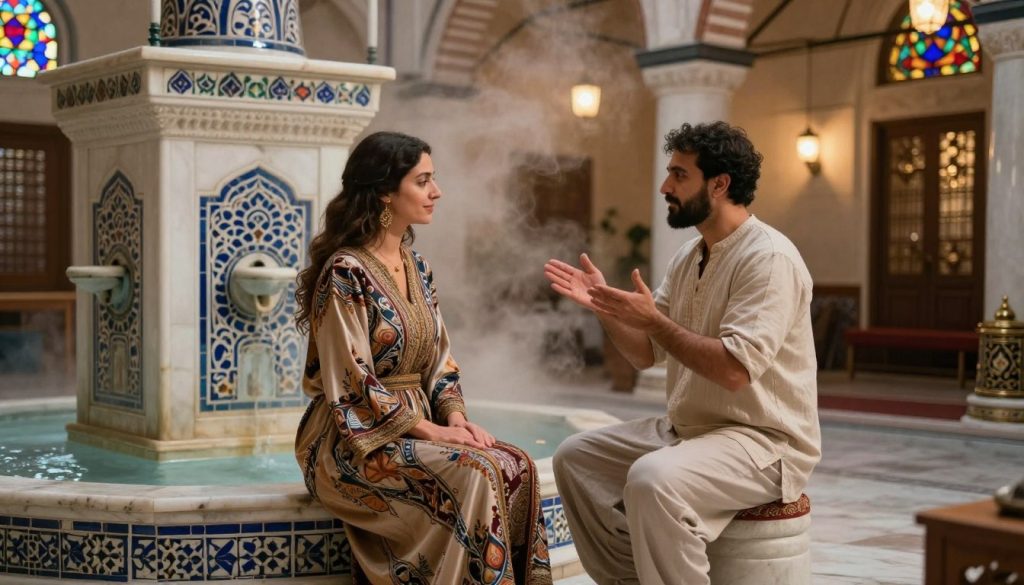 A serene hammam scene in Istanbul, showcasing two people in traditional cultural dress codes. In the foreground, a woman in a flowing, elegant Turkish kaftan with intricate patterns, and a man in a comfortable, modest outfit such as a cotton shirt and loose trousers, are engaging in a respectful discussion about massage etiquette. The middle ground features ornate marble fountains and decorative tilework characteristic of a traditional hammam, with soft steam rising to create a tranquil atmosphere. The background displays warm, ambient lighting filtering through stained glass windows. The overall mood is calm and inviting, symbolizing the rich cultural heritage of Istanbul. Logo of "Butique Massage" subtly visible on a decorative element.
