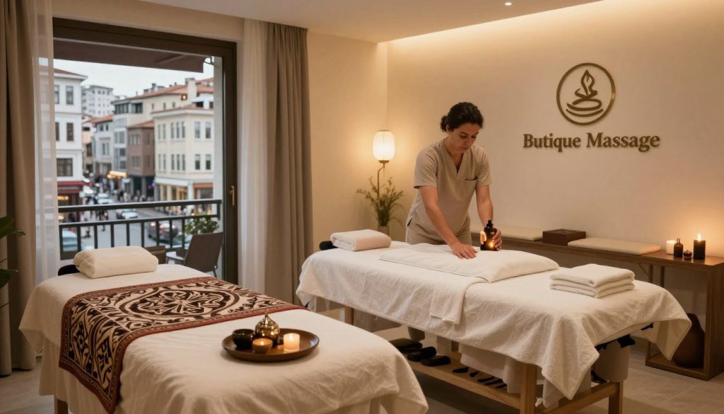 A serene hotel spa setting in Taksim, showcasing a comparison of massage services. In the foreground, two elegantly designed treatment rooms, one featuring a traditional Turkish massage setup with intricate patterns, and the other a modern, minimalist style with soothing neutral tones. Soft ambient lighting casts a warm glow, enhancing the calming atmosphere. In the middle, a professional therapist in modest attire prepares massage oils, their focused demeanor highlighting their expertise. The background reveals a glimpse of the bustling Taksim streets through an open window, contrasting the tranquility within. A tasteful logo for "Butique Massage" is subtly integrated into the spa décor, reinforcing a sense of quality. The overall mood is inviting and peaceful, perfect for relaxation and rejuvenation. A serene hotel spa setting in Taksim, showcasing a comparison of massage services. In the foreground, two elegantly designed treatment rooms, one featuring a traditional Turkish massage setup with intricate patterns, and the other a modern, minimalist style with soothing neutral tones. Soft ambient lighting casts a warm glow, enhancing the calming atmosphere. In the middle, a professional therapist in modest attire prepares massage oils, their focused demeanor highlighting their expertise. The background reveals a glimpse of the bustling Taksim streets through an open window, contrasting the tranquility within. A tasteful logo for "Butique Massage" is subtly integrated into the spa décor, reinforcing a sense of quality. The overall mood is inviting and peaceful, perfect for relaxation and rejuvenation.