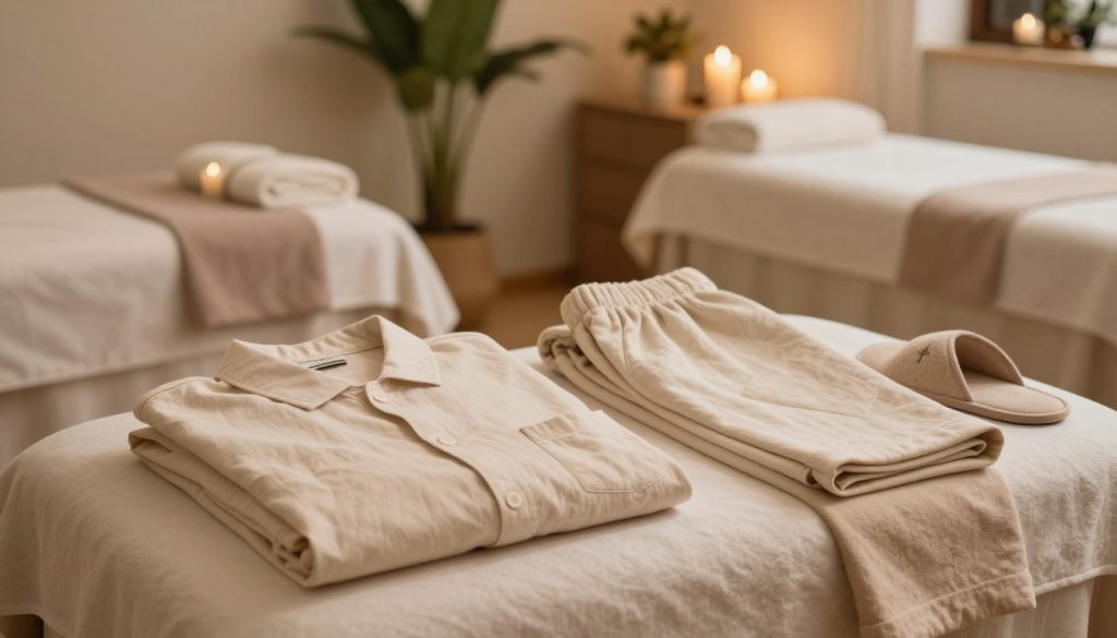 A serene indoor spa environment featuring a beautifully arranged display of appropriate massage attire guidelines. In the foreground, a neatly folded set of comfortable, modest clothing, such as a light cotton shirt and loose-fitting trousers, alongside a pair of soft slippers, emphasizing comfort and professionalism. The middle ground showcases a tranquil massage room with softly glowing candlelight, plush spa linens, and relaxing decor, enhancing the calming atmosphere. The background offers delicate green plants and soothing neutral colors, depicting a luxurious spa in Istanbul. The lighting is warm and inviting, captured with a soft-focus lens at an angle that draws attention to the attire while maintaining a sense of peace. Incorporate the brand name "Butique Massage" subtly into the decor, ensuring the image conveys a welcoming and professional atmosphere.
