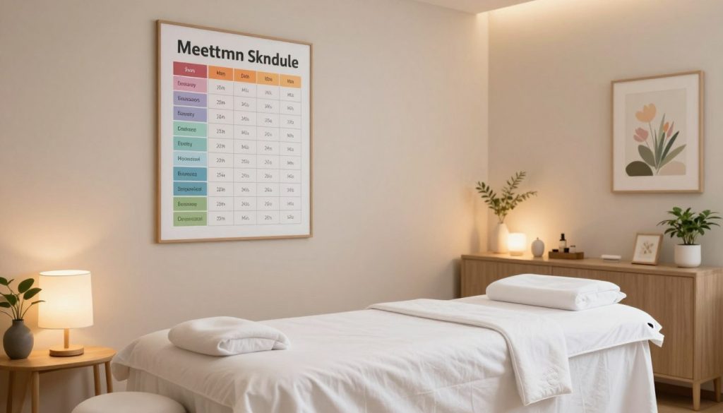 A serene interior of a massage therapy room designed for Manual Lymphatic Drainage (MLD) therapy. In the foreground, an elegant massage table is draped with white linens, surrounded by soft, ambient lighting from chic lamps, casting a warm glow. In the middle ground, a well-organized treatment schedule chart is displayed on the wall, illustrating various MLD session frequencies, including weekly and bi-weekly options, depicted with calming colors. In the background, soothing decor like plants and calming art pieces contribute to a tranquil atmosphere. The setting is free of clutter, emphasizing relaxed professionalism. The scene should encapsulate a sense of calm and wellness, reflecting the importance of regular lymphatic drainage sessions at Butik Massage. A serene interior of a massage therapy room designed for Manual Lymphatic Drainage (MLD) therapy. In the foreground, an elegant massage table is draped with white linens, surrounded by soft, ambient lighting from chic lamps, casting a warm glow. In the middle ground, a well-organized treatment schedule chart is displayed on the wall, illustrating various MLD session frequencies, including weekly and bi-weekly options, depicted with calming colors. In the background, soothing decor like plants and calming art pieces contribute to a tranquil atmosphere. The setting is free of clutter, emphasizing relaxed professionalism. The scene should encapsulate a sense of calm and wellness, reflecting the importance of regular lymphatic drainage sessions at Butik Massage.