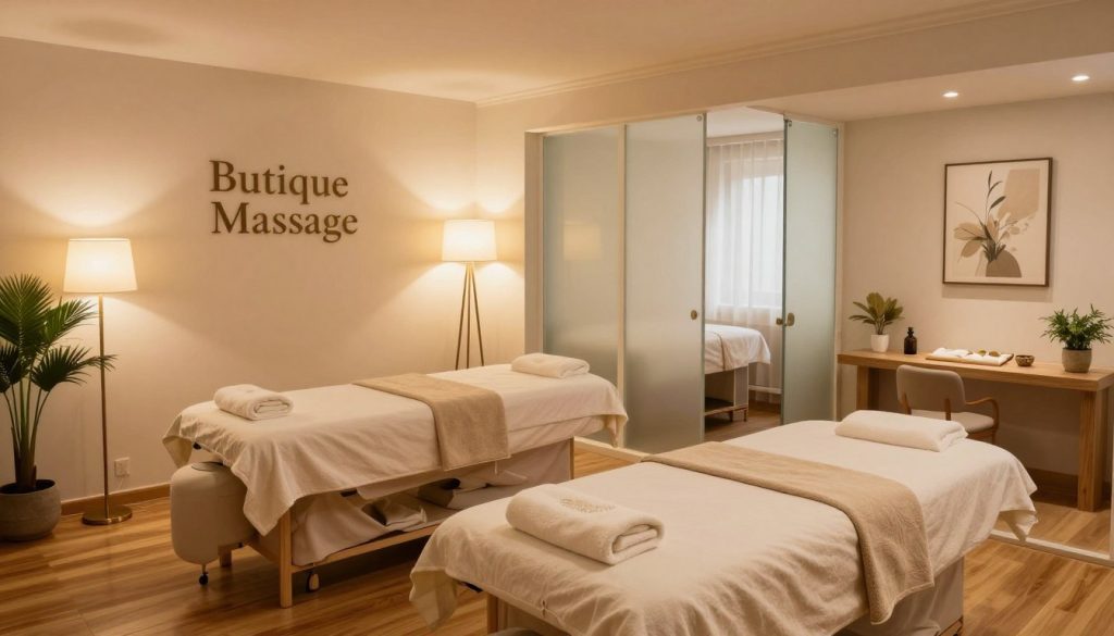 A serene interior of a professional boutique spa named "Butique Massage" in Nişantaşı, showcasing elegant design elements. In the foreground, a pair of massage tables dressed in soft, natural fabrics, accentuated by delicate towels. The middle layer features ambient lighting from stylish floor lamps, casting a warm glow on polished wooden floors and tasteful decor, including potted greenery and calming art pieces. The background reveals softly lit treatment rooms behind frosted glass partitions, enhancing privacy. The atmosphere is tranquil and inviting, evoking a sense of relaxation and luxury. Capture this scene from a slightly elevated angle to highlight the spaciousness and layout of this high-end spa.