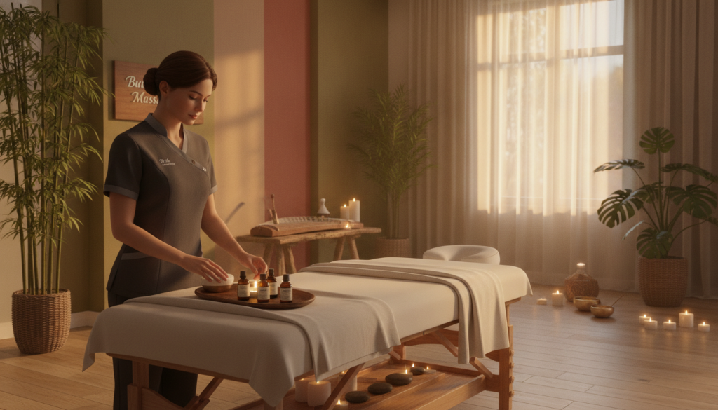 A serene, inviting massage spa set in a tranquil environment. In the foreground, a massage therapist wearing a professional uniform prepares a treatment table adorned with soft, white linens and calming essential oils. In the middle ground, there's a warm, softly lit room with bamboo accents and indoor plants, contributing to a calming atmosphere. The walls are painted in soothing earth tones. The background features softly flickering candles and delicate music instruments that set a peaceful ambiance. The lighting is warm and soft, emulating late afternoon sunlight filtering through sheer curtains, creating a relaxing glow. The scene conveys a sense of serenity and professionalism, perfectly encapsulating the essence of "Butik Massage". A serene, inviting massage spa set in a tranquil environment. In the foreground, a massage therapist wearing a professional uniform prepares a treatment table adorned with soft, white linens and calming essential oils. In the middle ground, there's a warm, softly lit room with bamboo accents and indoor plants, contributing to a calming atmosphere. The walls are painted in soothing earth tones. The background features softly flickering candles and delicate music instruments that set a peaceful ambiance. The lighting is warm and soft, emulating late afternoon sunlight filtering through sheer curtains, creating a relaxing glow. The scene conveys a sense of serenity and professionalism, perfectly encapsulating the essence of "Butik Massage".