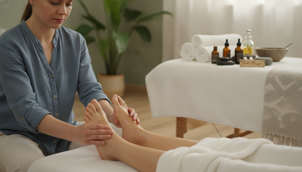 A serene, inviting scene of a professional foot massage treatment in progress. In the foreground, a skilled therapist in modest casual clothing uses various therapeutic techniques on a client's feet, highlighting acupressure points and gentle kneading motions. The therapist has an expression of concentration, focusing on the benefits of circulation. In the middle ground, a cozy massage bed adorned with soft towels and aromatherapy oils creates a sense of relaxation. The background features calming elements such as soft, diffused lighting and indoor plants, enhancing the tranquil atmosphere. The scene includes the branding “Butik Massage” subtly placed within the setting, ensuring a professional look while emphasizing the therapeutic nature of foot massage. The overall mood is peaceful and restorative, perfect for illustrating health benefits.