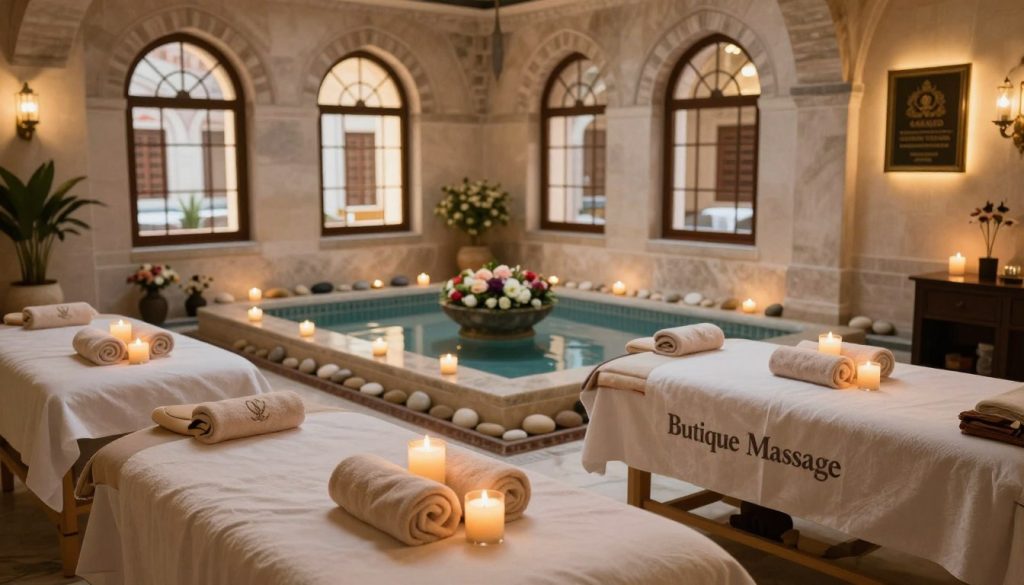 A serene luxury spa setting in Sultanahmet featuring "Butique Massage". In the foreground, a beautifully arranged treatment room with plush massage tables adorned with fragrant candles and soft towels. The middle ground showcases a peaceful water feature, surrounded by delicate flower arrangements and calming stones, enhancing the tranquil atmosphere. In the background, softly lit arched windows reveal glimpses of the historic architecture characteristic of Sultanahmet. The lighting is warm and inviting, creating a soothing ambiance that evokes relaxation. Photography is taken from a slightly elevated angle, capturing the entire scene in a balanced composition. The mood is peaceful and luxurious, enticing tourists to indulge in rejuvenating spa treatments.