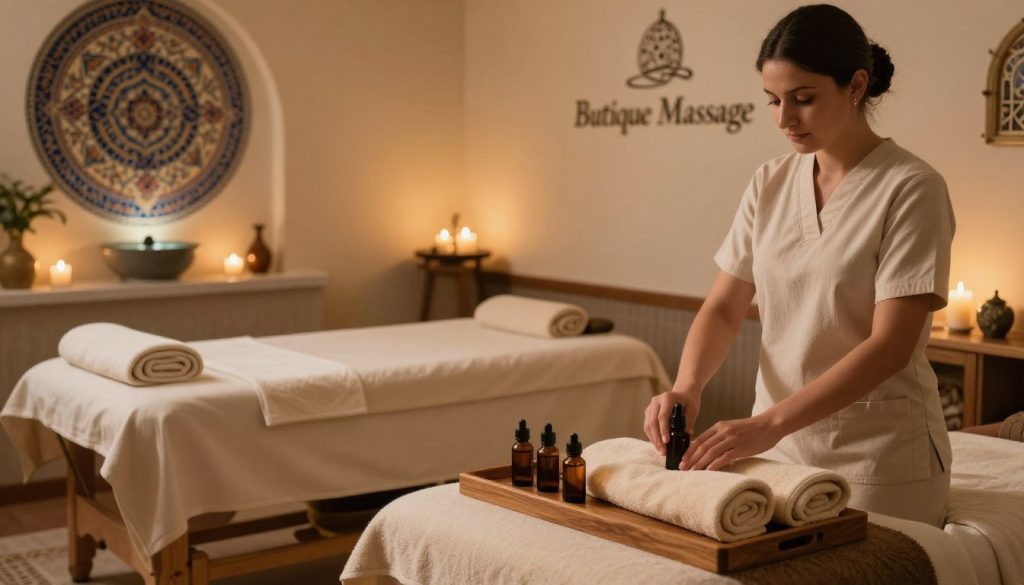 A serene massage preparation scene in a luxurious Istanbul spa, showcasing various elegant elements. In the foreground, a professional therapist dressed in modest spa attire prepares aromatherapy oils and soft towels on a beautifully arranged wooden table. The middle space features a plush massage table draped in soft, calming linens, with soothing candles and a gentle water feature to enhance relaxation. The background portrays an intricately designed Turkish mosaic, with soft, ambient lighting casting a warm glow throughout the space. The atmosphere is tranquil and inviting, evoking a sense of calm and serenity, perfect for a relaxing massage experience at "Butique Massage". Use a warm color palette with soft lighting to emphasize comfort. Shot with a gentle focus, creating a peaceful vignette effect to draw attention to the preparation.