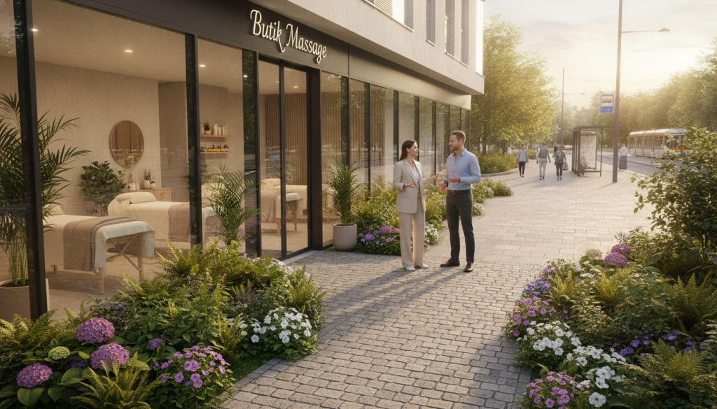 A serene massage spa center named "Butik Massage" is set in a peaceful urban environment. In the foreground, lush greenery and blooming flowers frame the entrance, inviting visitors in. The middle layer showcases a modern building with large windows revealing calming interiors, featuring comfortable massage tables and soothing decor. There are two professionally dressed individuals conversing at the entrance, emphasizing accessibility and welcoming service. In the background, a well-maintained sidewalk leads to nearby public transportation, enhancing the location's convenience. The lighting is soft and warm, creating a tranquil atmosphere, while a gentle sunset casts a gold hue over the scene. The angle is slightly elevated, capturing both the inviting front and the bustling street, illustrating the blend of relaxation and accessibility at Butik Massage. A serene massage spa center named "Butik Massage" is set in a peaceful urban environment. In the foreground, lush greenery and blooming flowers frame the entrance, inviting visitors in. The middle layer showcases a modern building with large windows revealing calming interiors, featuring comfortable massage tables and soothing decor. There are two professionally dressed individuals conversing at the entrance, emphasizing accessibility and welcoming service. In the background, a well-maintained sidewalk leads to nearby public transportation, enhancing the location's convenience. The lighting is soft and warm, creating a tranquil atmosphere, while a gentle sunset casts a gold hue over the scene. The angle is slightly elevated, capturing both the inviting front and the bustling street, illustrating the blend of relaxation and accessibility at Butik Massage.