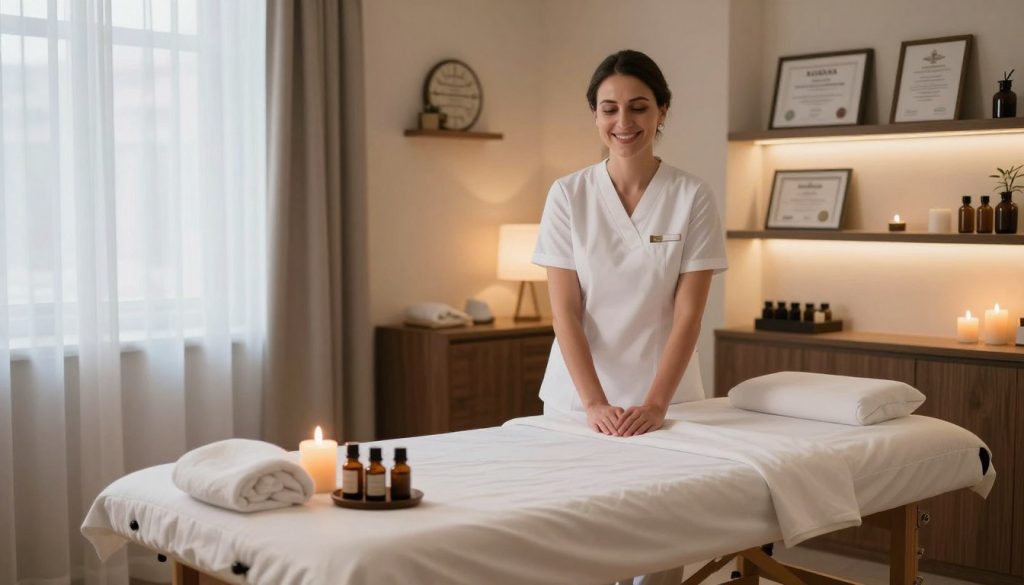 A serene massage therapy environment inspired by Butique Massage in Kadıköy. In the foreground, a well-organized massage therapy room featuring a professional massage table neatly dressed in clean linens, a calming selection of essential oils, and soothing candles casting a warm glow. In the middle, a therapist in professional attire, such as a white uniform, standing confidently with a warm smile, ready to assist clients. In the background, softly lit shelves display massage therapy credentials and certifications, hinting at expertise and professionalism. The atmosphere is tranquil and inviting, with soft natural light filtering through large, sheer curtains, creating a calming ambiance. The composition is warm and welcoming, emphasizing trust and relaxation in choosing the right massage therapist. A serene massage therapy environment inspired by Butique Massage in Kadıköy. In the foreground, a well-organized massage therapy room featuring a professional massage table neatly dressed in clean linens, a calming selection of essential oils, and soothing candles casting a warm glow. In the middle, a therapist in professional attire, such as a white uniform, standing confidently with a warm smile, ready to assist clients. In the background, softly lit shelves display massage therapy credentials and certifications, hinting at expertise and professionalism. The atmosphere is tranquil and inviting, with soft natural light filtering through large, sheer curtains, creating a calming ambiance. The composition is warm and welcoming, emphasizing trust and relaxation in choosing the right massage therapist.
