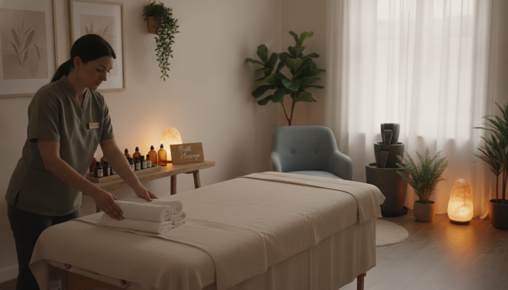 A serene massage therapy room is softly lit by warm, ambient light, creating a calming atmosphere. In the foreground, a professional therapist in modest, casual clothing prepares the massage table, adjusting the soft towels and arranging essential oils on a nearby shelf, labeled with the brand name "Butik Massage". In the middle ground, a comfortable lounge chair and a tranquil water feature add to the serene setting, while calming decorations like plants and artwork adorn the walls. The background features a softly glowing Himalayan salt lamp and a window with light curtains, filtering in natural light. The overall mood is peaceful and inviting, designed to evoke a sense of relaxation and anticipation for a first massage session. A serene massage therapy room is softly lit by warm, ambient light, creating a calming atmosphere. In the foreground, a professional therapist in modest, casual clothing prepares the massage table, adjusting the soft towels and arranging essential oils on a nearby shelf, labeled with the brand name "Butik Massage". In the middle ground, a comfortable lounge chair and a tranquil water feature add to the serene setting, while calming decorations like plants and artwork adorn the walls. The background features a softly glowing Himalayan salt lamp and a window with light curtains, filtering in natural light. The overall mood is peaceful and inviting, designed to evoke a sense of relaxation and anticipation for a first massage session.