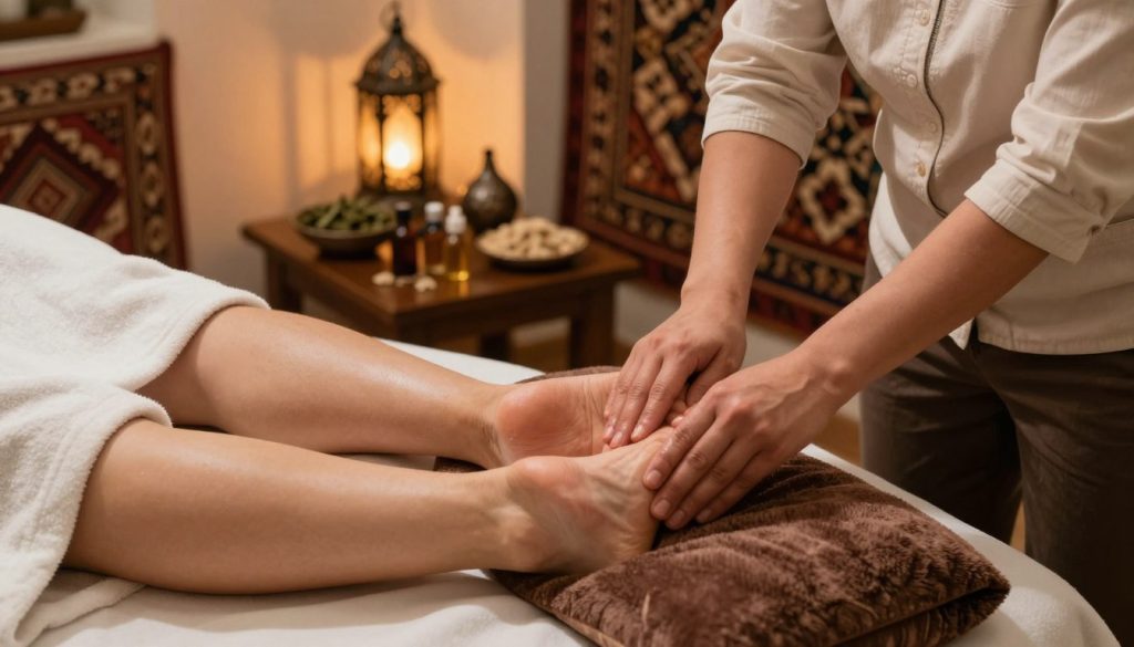 A serene scene depicting a traditional Turkish foot massage therapy setting in Istanbul. In the foreground, a pair of feet rests comfortably on a plush massage cushion, being gently massaged by a professional therapist wearing modest casual attire. The therapist's hands are skillfully applying pressure to the arches and soles, showcasing the art of relaxation. In the middle background, aromatic oils and natural herbs are displayed on a small wooden table, enhancing the ambiance. The background features a soothing, softly lit space with traditional Turkish decor, including patterned fabrics and decorative lanterns, casting warm shadows. The mood is tranquil and restorative, inviting viewers to feel the calming atmosphere of a Butique Massage experience.