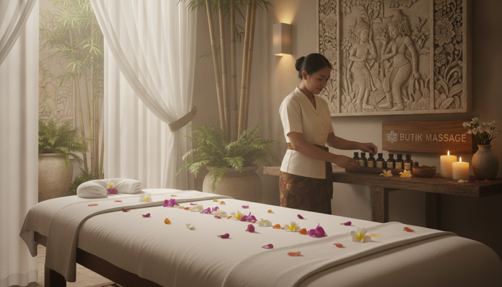 A serene setting in a luxurious spa room, showcasing the preparation for a traditional Balinese massage therapy session. In the foreground, a massage table is adorned with fresh, colorful flowers and soft, clean linens. A trained massage therapist, dressed modestly in professional attire, carefully arranges essential oils and aromatic candles on a nearby shelf. In the middle ground, bamboo decor and lush green plants evoke a calming atmosphere, with gentle natural light filtering through sheer curtains. The background features intricate Balinese carvings on the walls, enhancing the cultural ambiance. Soft, warm lighting sets a tranquil mood, making the space inviting and relaxing, perfect for unwinding. Prominently include the brand name "Butik Massage" as part of the decor, harmonizing with the overall aesthetic. A serene setting in a luxurious spa room, showcasing the preparation for a traditional Balinese massage therapy session. In the foreground, a massage table is adorned with fresh, colorful flowers and soft, clean linens. A trained massage therapist, dressed modestly in professional attire, carefully arranges essential oils and aromatic candles on a nearby shelf. In the middle ground, bamboo decor and lush green plants evoke a calming atmosphere, with gentle natural light filtering through sheer curtains. The background features intricate Balinese carvings on the walls, enhancing the cultural ambiance. Soft, warm lighting sets a tranquil mood, making the space inviting and relaxing, perfect for unwinding. Prominently include the brand name "Butik Massage" as part of the decor, harmonizing with the overall aesthetic.
